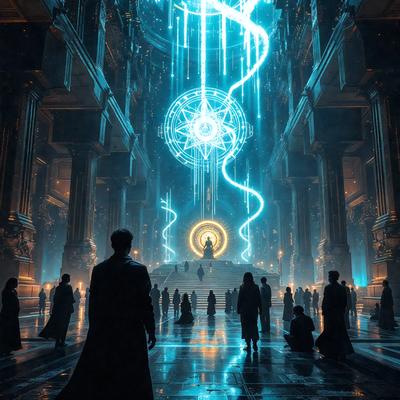 The primary subject of the image is a man in a black robe, standing in a large, ornate room with a blue and white color scheme. The setting appears to be a church or a similar religious building, as there are several people in the scene, some of whom are also wearing black robes. The visual style of the image is a combination of photo and digital art, creating a unique and intricate atmosphere. The colors and mood of the image are predominantly blue and white, giving the scene a serene and spiritual ambiance.